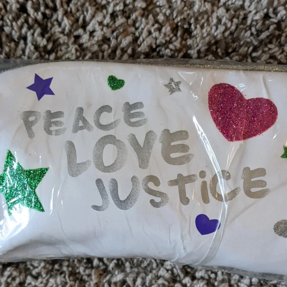 VTG Justice Girl Pencil Pouch Wristlet Case Zip Glitter Peace Love Heart New
